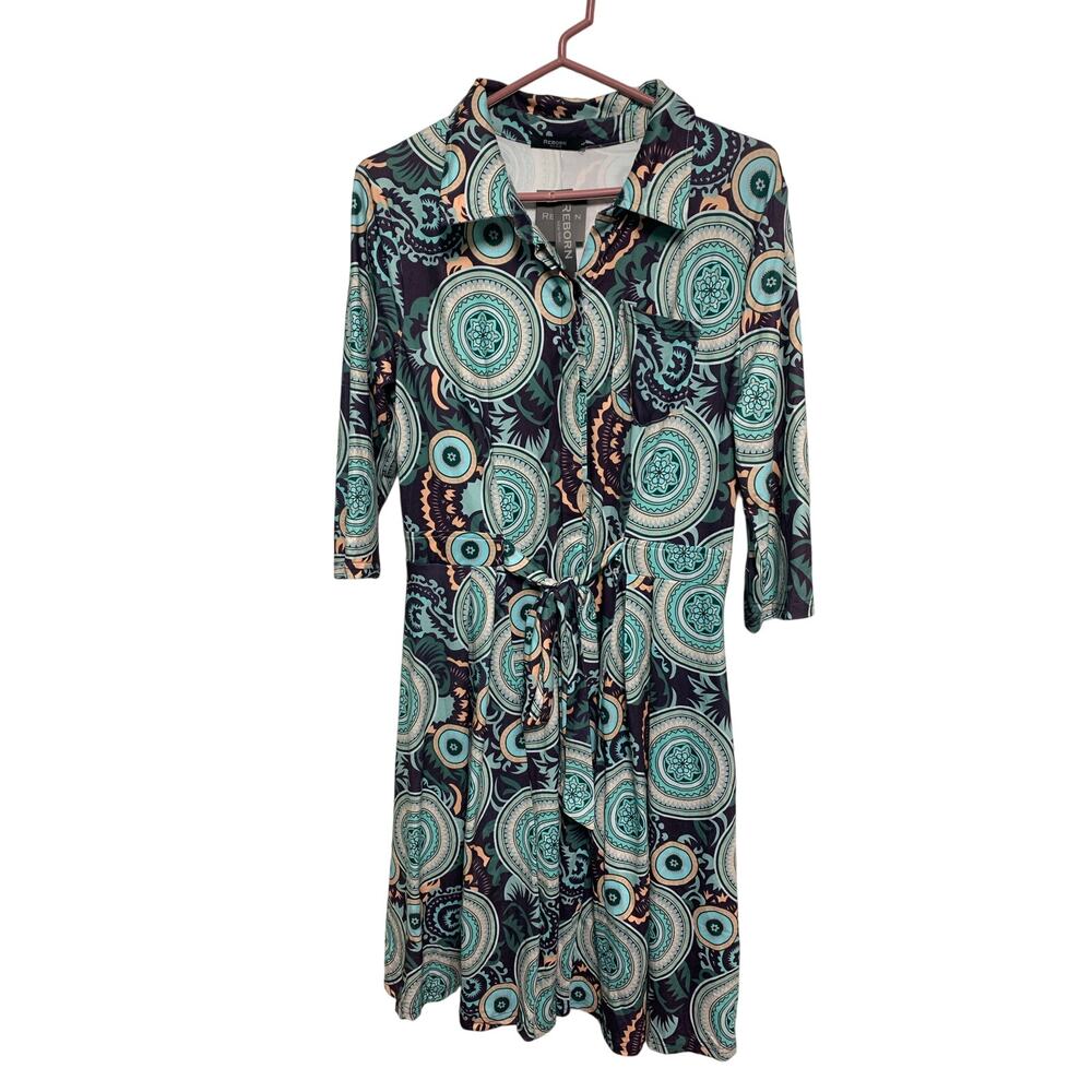 Reborn New York Women's Aqua Paisley Pattern Button Up Stretchy Dress Size Large